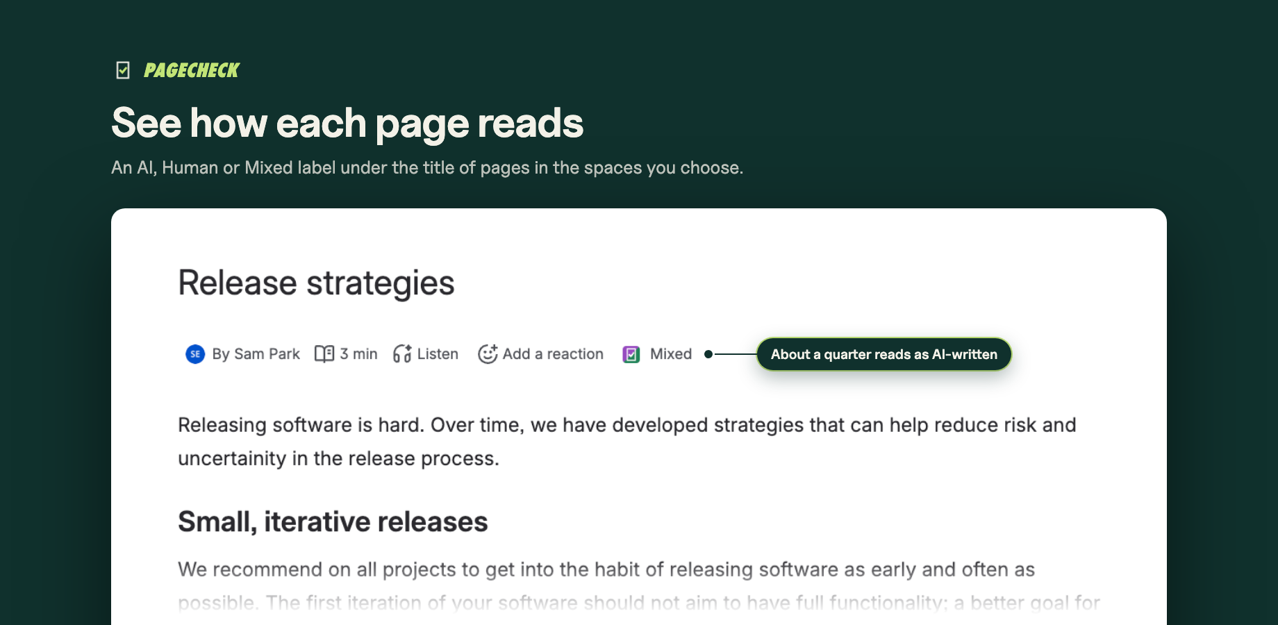 A Confluence page titled Release strategies with the PageCheck label Mixed under its title.