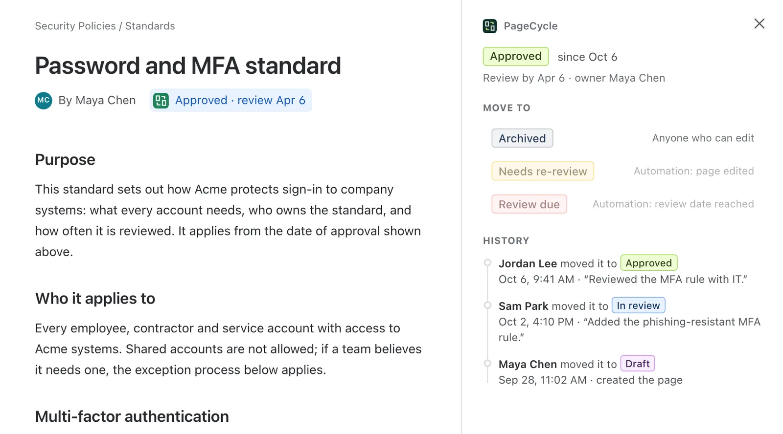 PageCycle panel in Confluence: a page's status changes from In review to Approved.